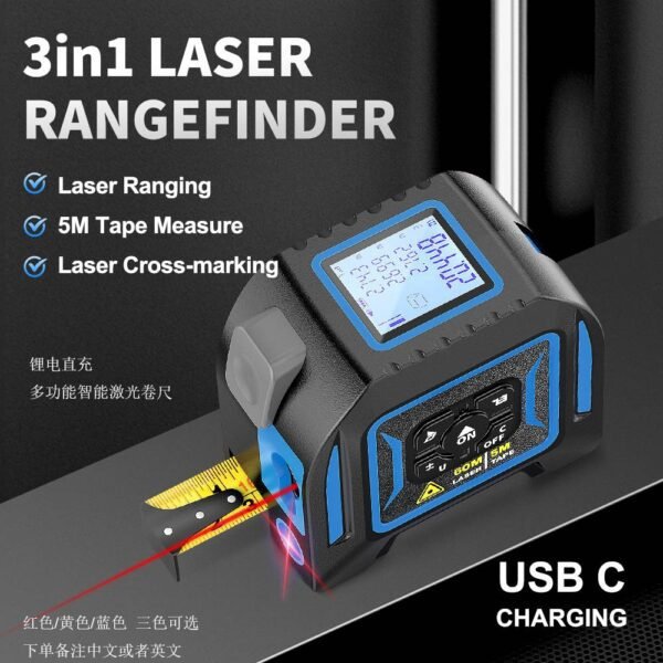 3-in-1 Laser Tape Measure – 40/60/80M Laser Rangefinder with 5M Tape
