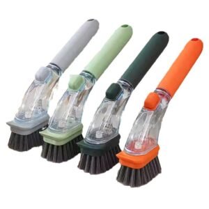 [2-in-1] Long Handle Pot Scrubber Brush - 26cm Detergent Dispenser Cleaning Brush (Splash-Proof Design) - Non-Scratch for Cast Iron/Non-Stick Pans