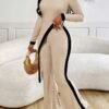 2025 Spring/Summer Women's Fashion Set - Contrast Color Side-Slit Tee + Patchwork Pants - Image 2
