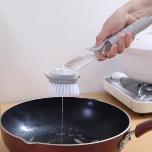 [2-in-1] Long Handle Pot Scrubber Brush – 26cm Detergent Dispenser Cleaning Brush (Splash-Proof Design) – Non-Scratch for Cast Iron/Non-Stick Pans