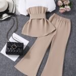 2025 Summer New Casual Chic Contrast-Collar Puff Sleeve Top + Flared Pants Two-Piece Set
