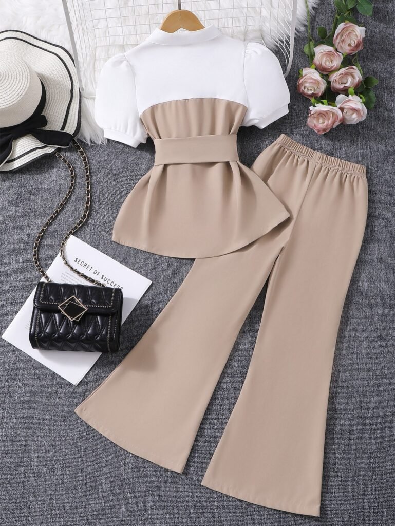 2025 Summer New Casual Chic Contrast-Collar Puff Sleeve Top + Flared Pants Two-Piece Set