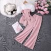 2025 Summer New Casual Chic Contrast-Collar Puff Sleeve Top + Flared Pants Two-Piece Set - Image 2