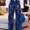 2024 Summer Casual Straight-Leg Hollow Twist Denim Jeans with Metal Buckle - Image 5